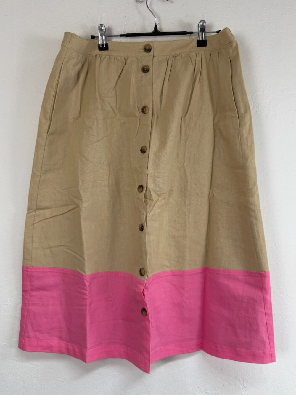 J.Crew Womens Colorblock Midi Skirt 2X Tan Pink A-Line Button-Front AO086 NWT